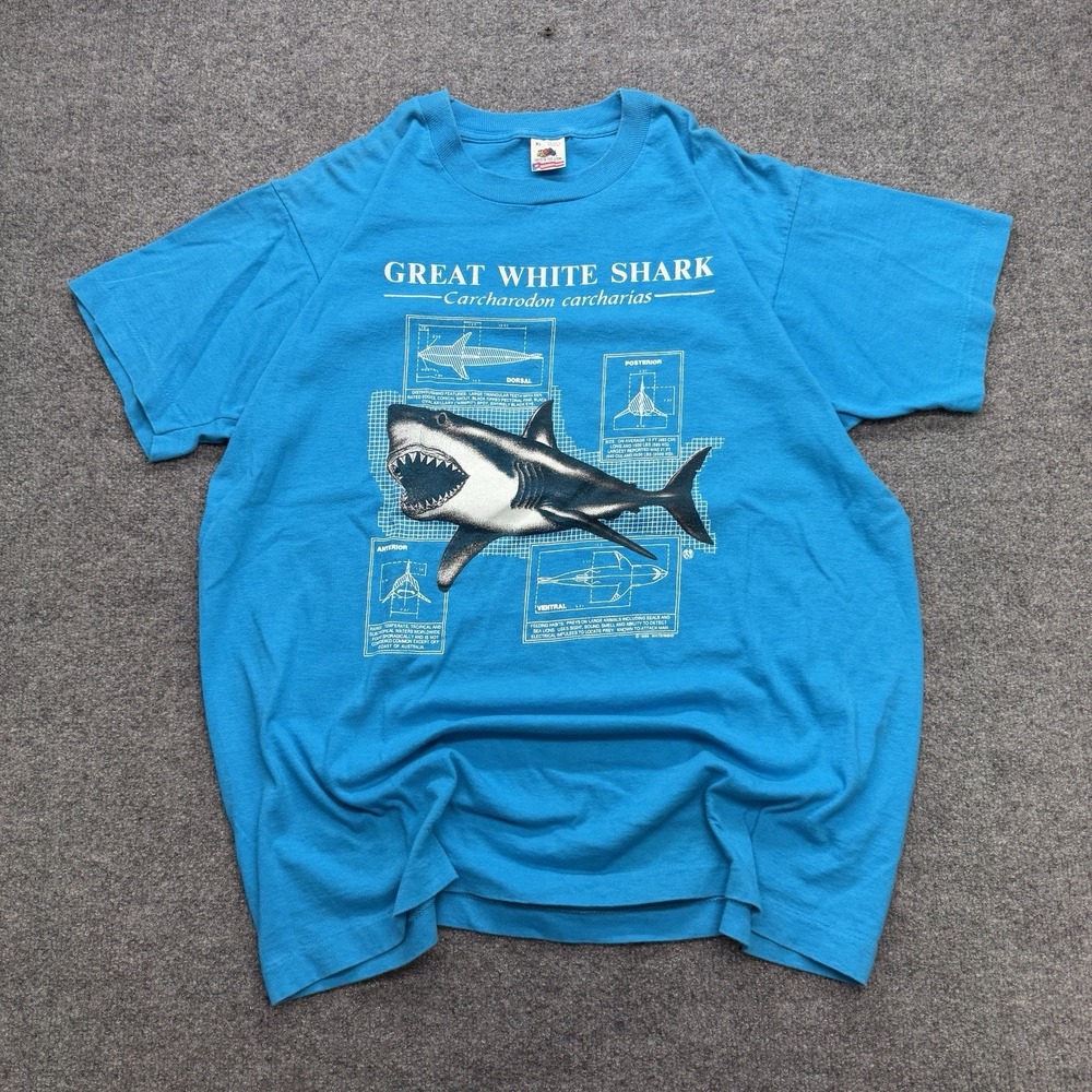 Vintage Great White Shark Men's T Shirt Fruit Of The Loom Blue Size XL 90s Surf